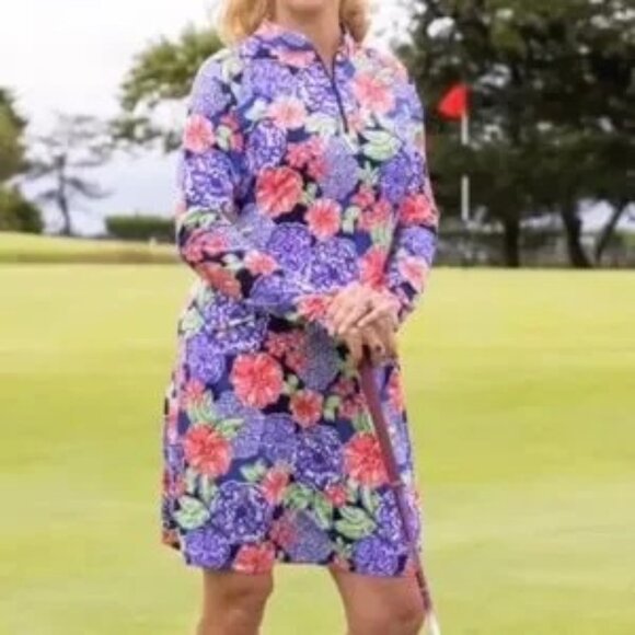 Ibkul Larisa Dress Long Sleeve Zip Collar Pockets Navy Floral Large Athletic - Picture 1 of 14